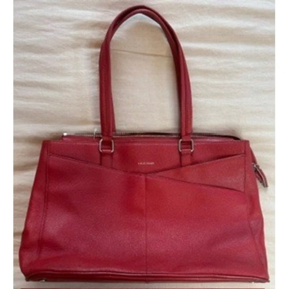 Cole Haan Red Pebbled Leather Zip Top Tote Shoulder Bag Silver Hardware